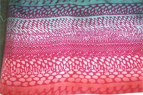 I have nick-named this scarf my Howard Hodgkin scarf because it is in the style of his painting. Bands of dashes and dots in greenish-grey and purple , graduating through pink and orange.