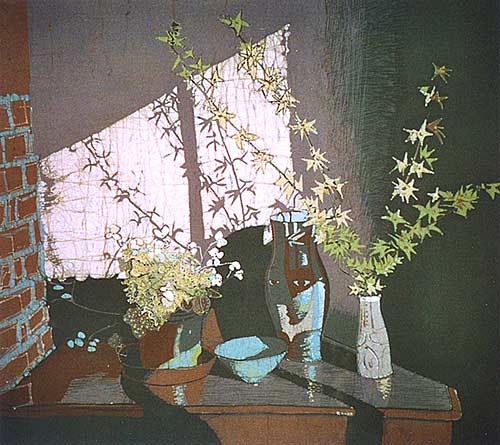 A still- life of twigs of flowers in a vase, another vase with a Picasso-esque face on it, a blue bowl and a delicate-leafed plant, all making shadows within a chevron shaped area of sunlight on the wall behind.