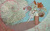 The whole picture contains a spiral based on Fibonacci&rsquo;s mathematical series. Part of the spiral on the left, is a red line superimposed onto an image of a sunflower seed head. To the right, is a vase of sunflowers.