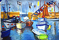 A Cornish harbour with fishing boats and flags.
