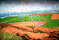 A batik picture: Welsh landscape in pinkish brown and green.